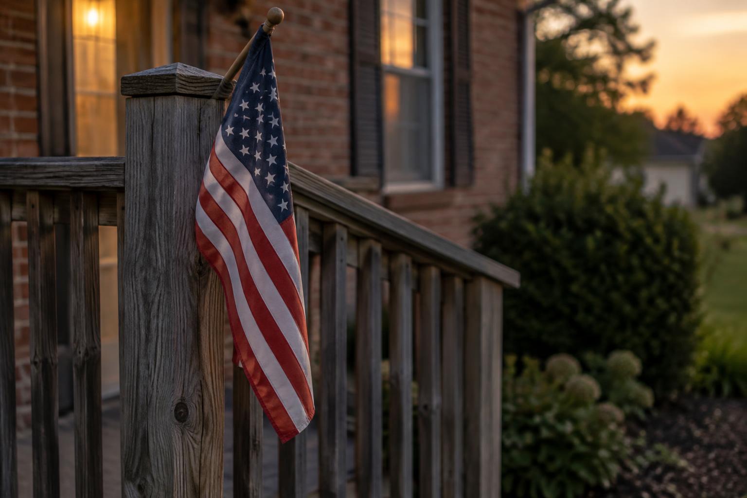 A small American flag on a modest front porch railing at dusk