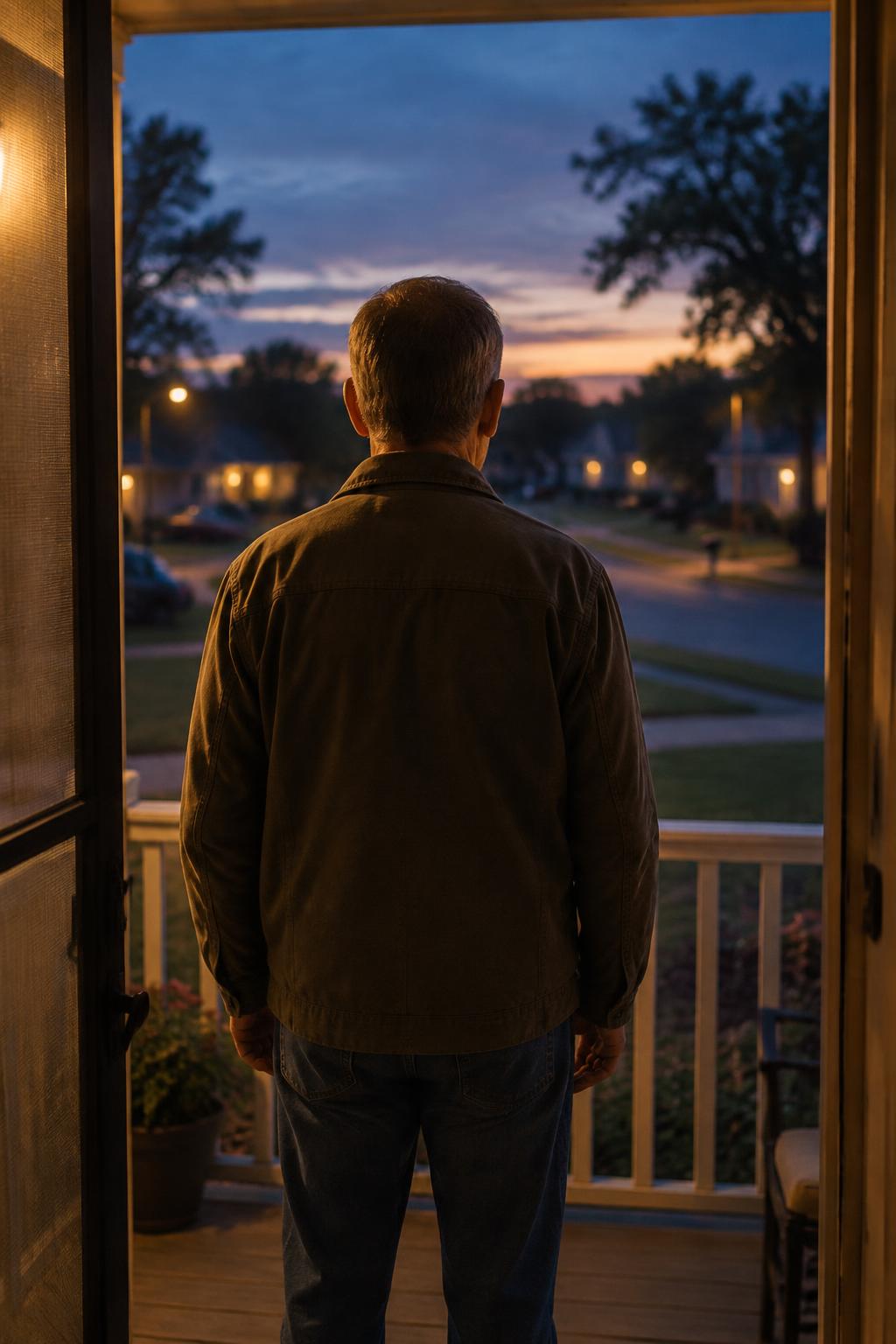 A veteran standing on a front porch at dusk, looking out over a quiet street